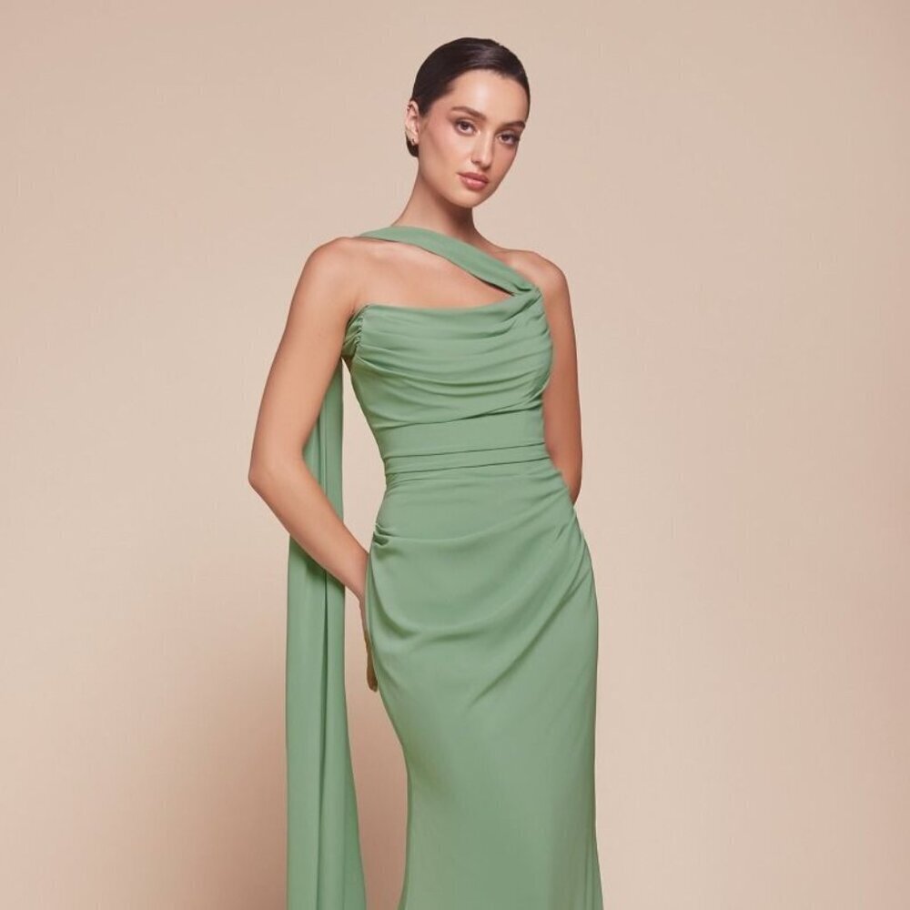 NEW OFF THE SHOULDER LONG SHEATH CHIFFON DRESS W/ SCOOP NECKLINE & TIES 7433